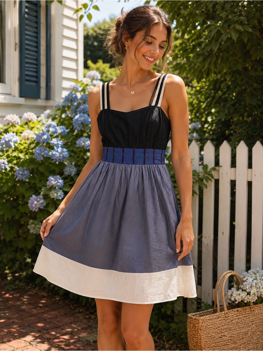 56A. silence + noise Colorblock Strappy  Dress in Black, Blue, and Cream